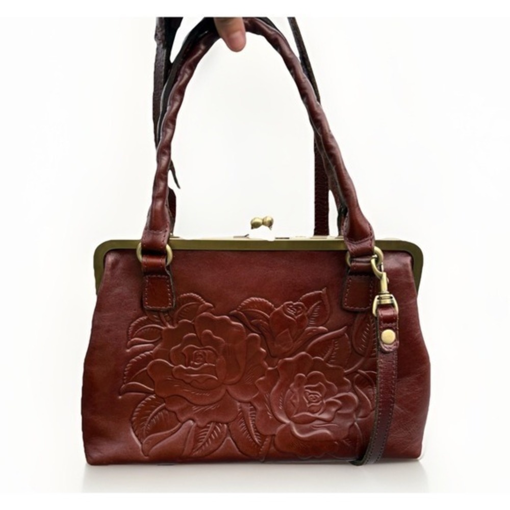 Patricia Nash Annie Frame Bag – Vintage Rose Tooled Leather Satchel –kiss Lock